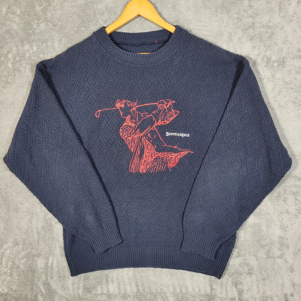 Scottish Isle Sweater Mens Large Navy Blue Golf Pullover Crewneck Knit Casual